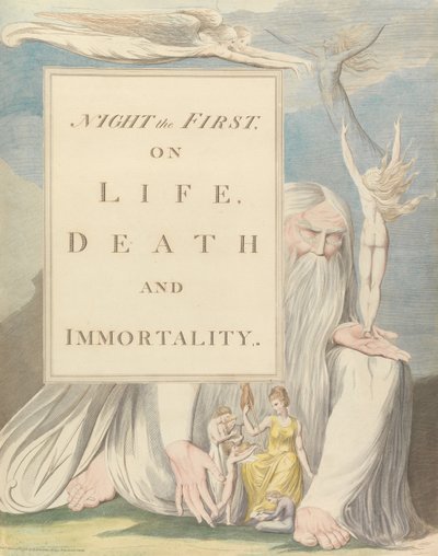 Youngs Night Thoughts, Titelpagina, Nacht de Eerste, Over Leven, Dood en Onsterfelijkheid door William Blake